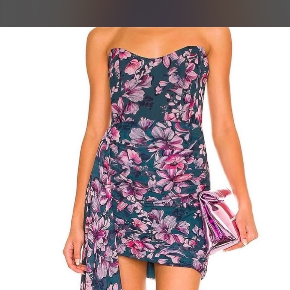 Katie May Teal Strapless Floral Mini Dress with Pink Blooms